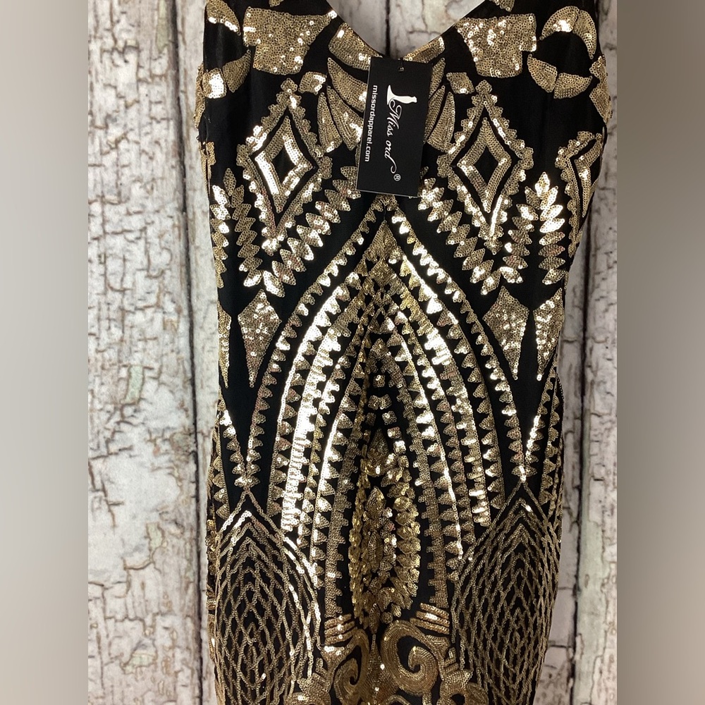 NWT Miss Ord Gold Sequin Glam Art Deco Bodycon Mini Party Luxury Luxe Dress s/M - Picture 3 of 4